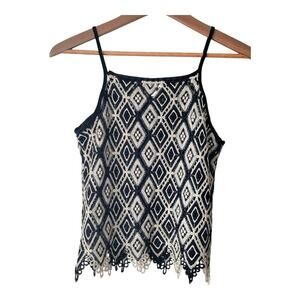 Sam Women's Small Black Gold Lace Spaghetti Strap Top Square Neck Sleeveless
